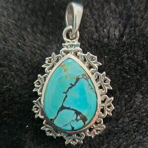 Sterling SIlverTibetan Turquoise Tear Drop Ornate Pendant 1.5" x 1.0"